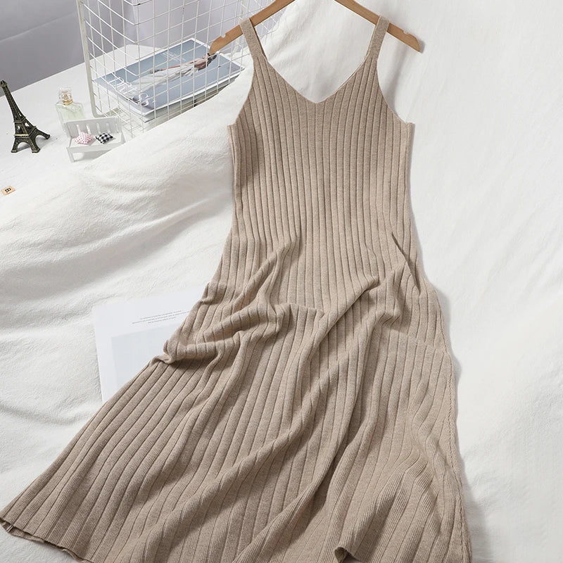 OCEANLOVE Auutmn Knitted Vestidos Solid V Neck Vintage Chic Autumn Winter Women Dresses Stretch Slim Sexy Long Dress 18321