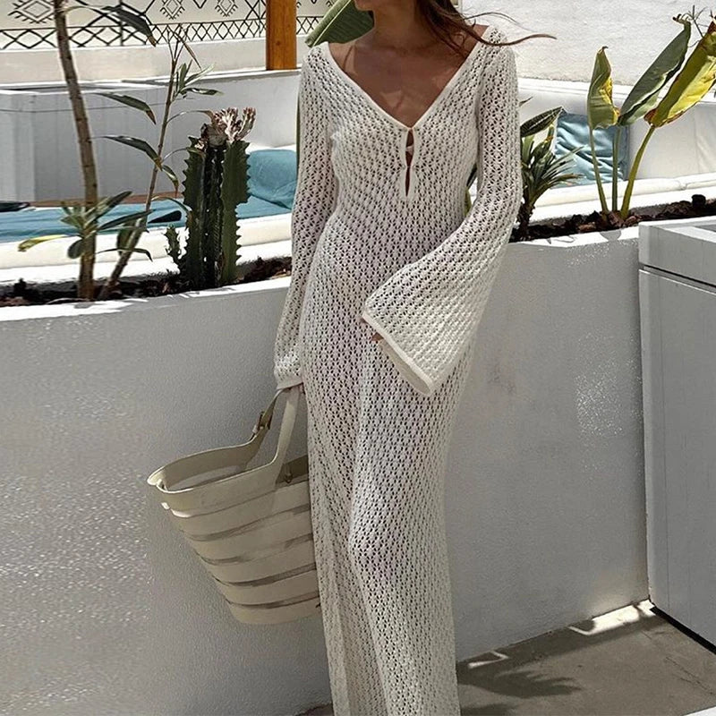 Women Beach Style Knitted Hollow Out Long Dress Elegant Crochet Flare Sleeve Low Cut V Neck Backless Dress Club Party Vestidos