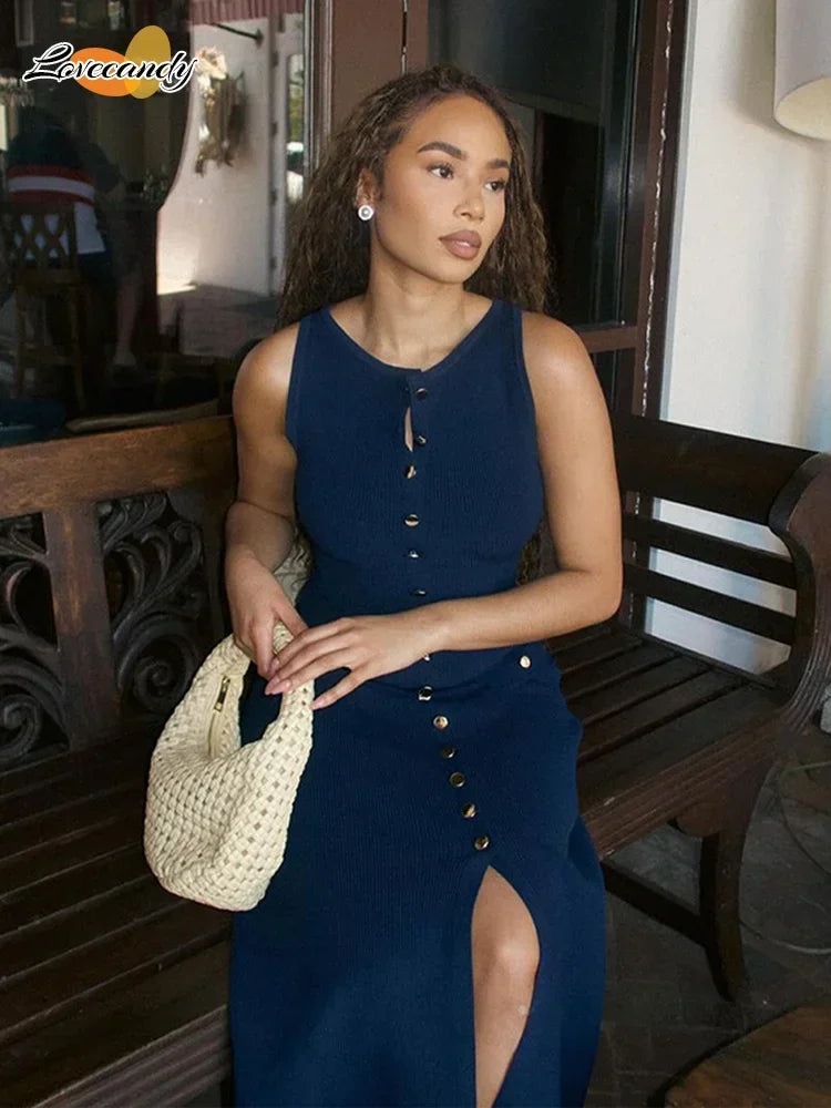 Women Elegant Single Breasted Fake Pockets Knitted Long Dress Fashion O Neck Sleeveless Slim Dresses 2024 New Female Office Robe