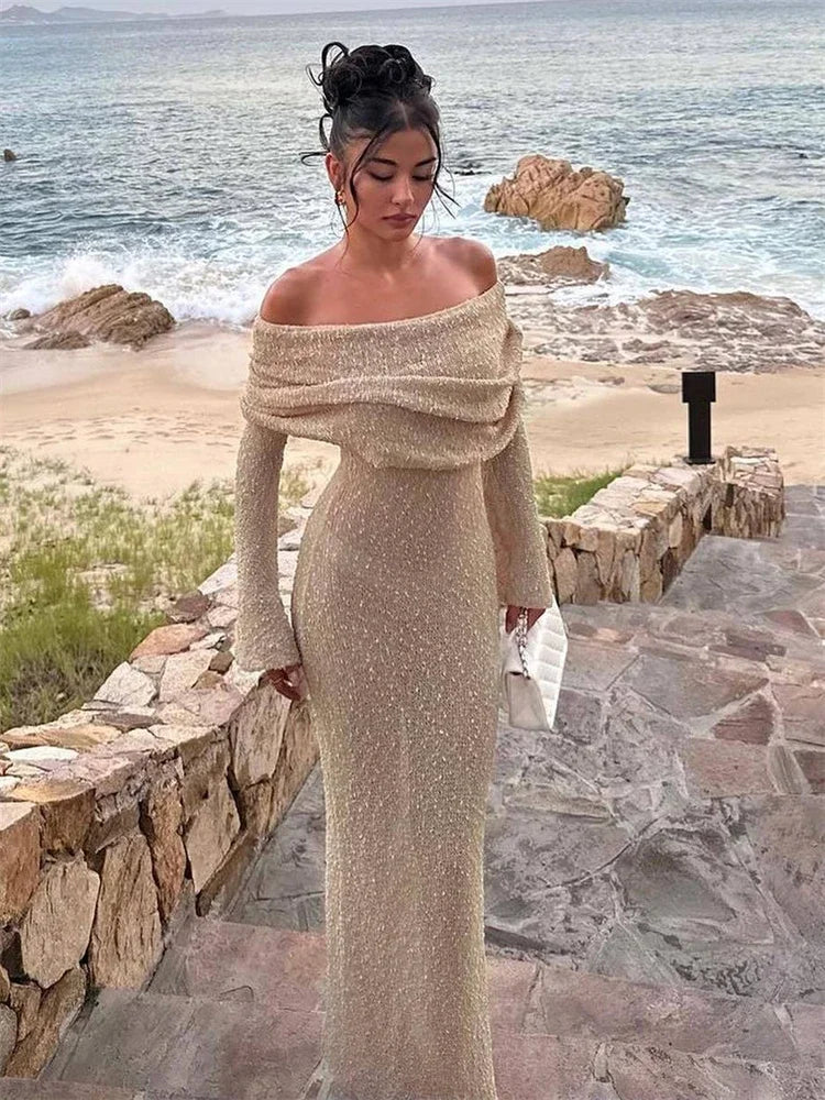 Tossy Knit Hollow Out Off-Shoulder Maxi Dress Female Cover up See-Through Sleeve Holiday Beach Party Dress Women Knitwear Dress