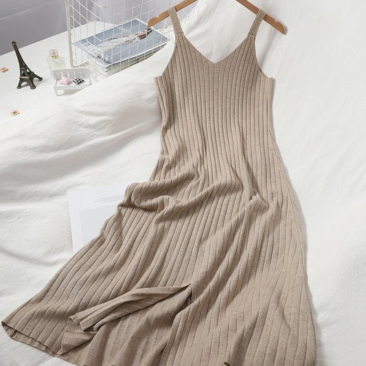 OCEANLOVE Auutmn Knitted Vestidos Solid V Neck Vintage Chic Autumn Winter Women Dresses Stretch Slim Sexy Long Dress 18321