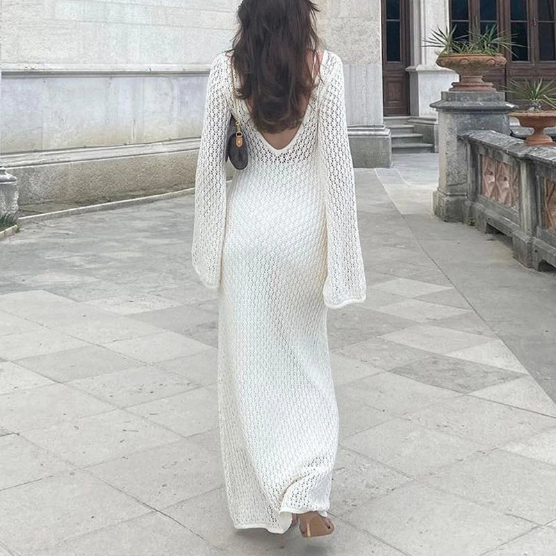 Women Beach Style Knitted Hollow Out Long Dress Elegant Crochet Flare Sleeve Low Cut V Neck Backless Dress Club Party Vestidos