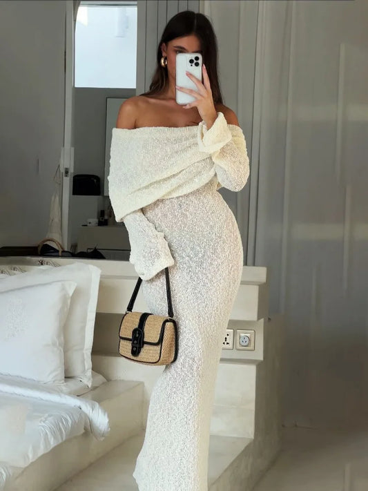 Tossy Knit Hollow Out Off-Shoulder Maxi Dress Female Cover up See-Through Sleeve Holiday Beach Party Dress Women Knitwear Dress