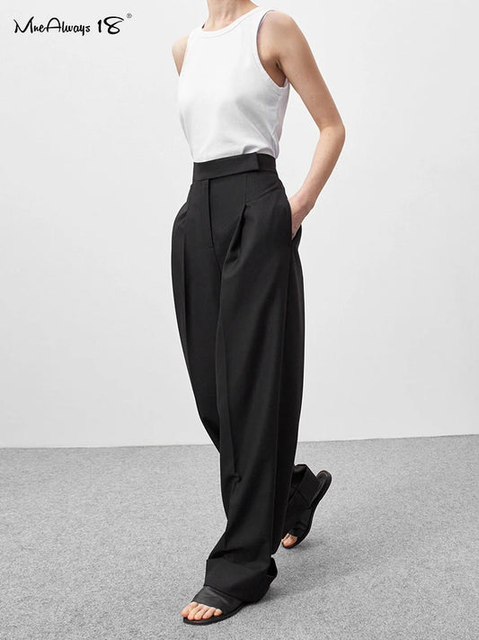 Mnealways18 Spring Summer Black Ladies Office Trousers Womens High Waist Pants Pockets Female Pleated Wide Legs Pants Solid 2024