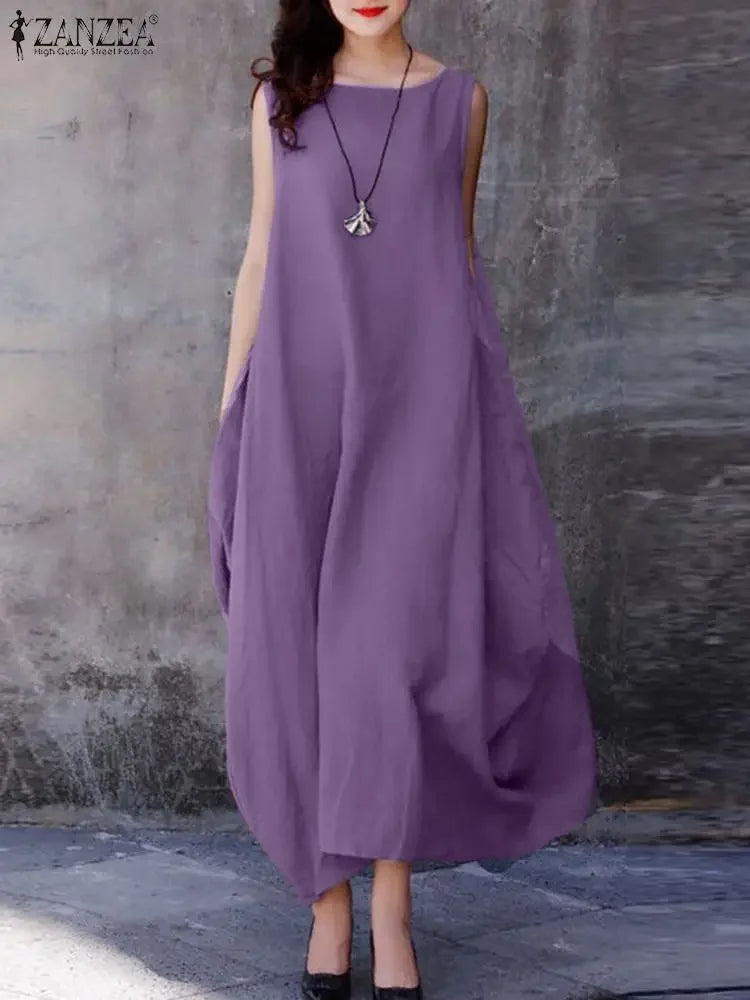 ZANZEA 2024 Fashion Summer Dress Women Holiday Oversized Maxi Dresses Casual Loose Solid Cotton Vestidos Sleeveless O Neck Robe