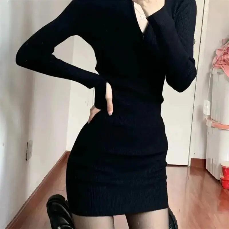 Long Sleeve Dresses for Women Black Sexy Club Bodycon Mini Dress Y2k High Waist Ladies Korean Short Dress Basic Autumn Winter