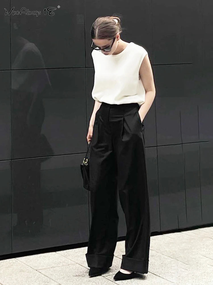 Mnealways18 Spring Summer Black Ladies Office Trousers Womens High Waist Pants Pockets Female Pleated Wide Legs Pants Solid 2024